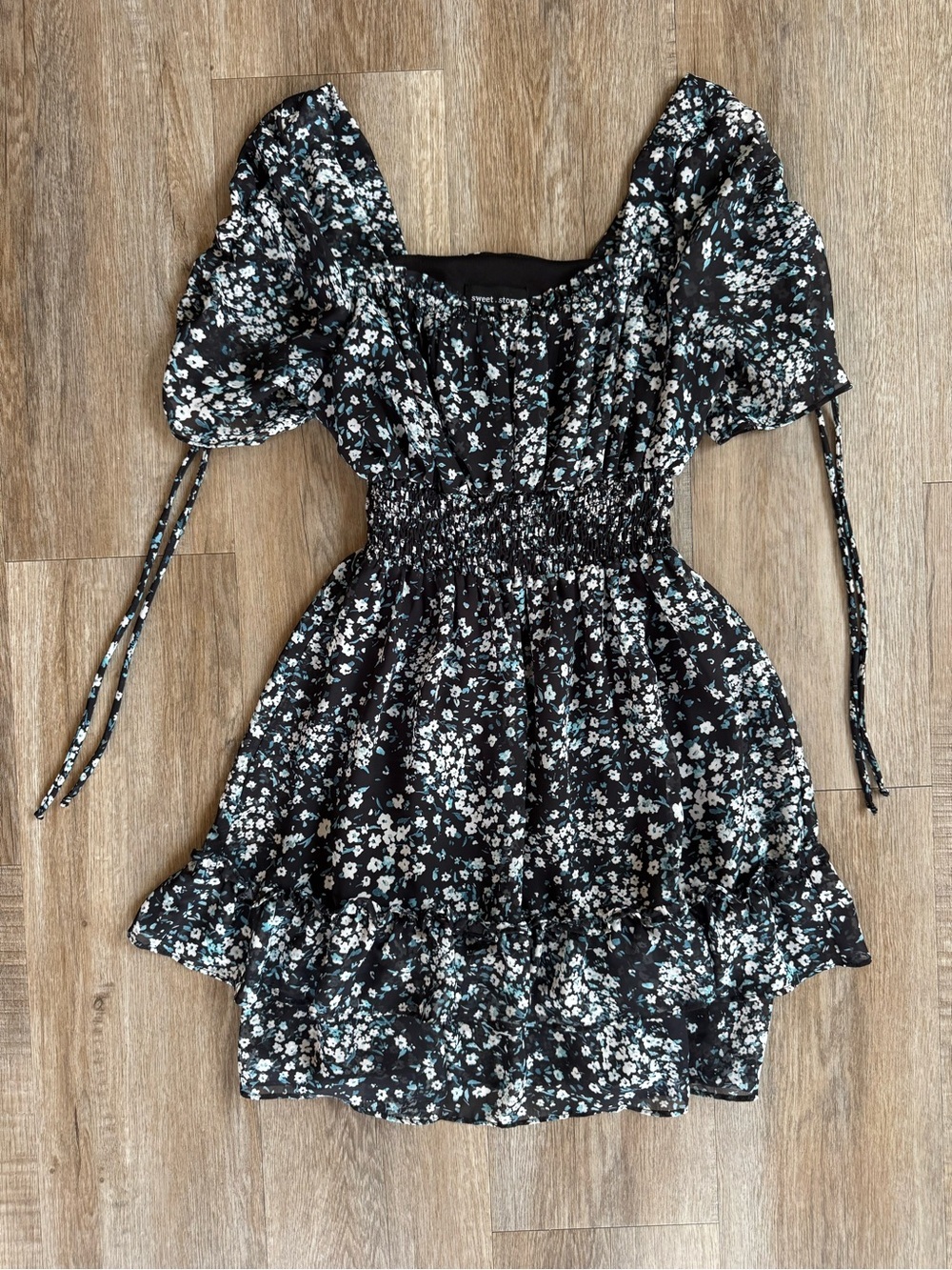Sweet Storm Black Floral Mini Dress with White & Light Blue Blossoms